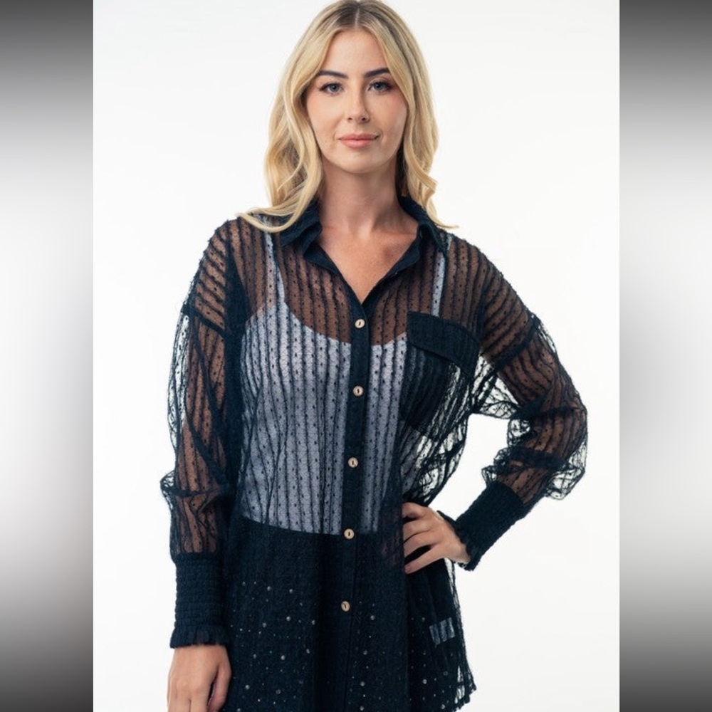 Black Lace  Collared Button Up Blouse